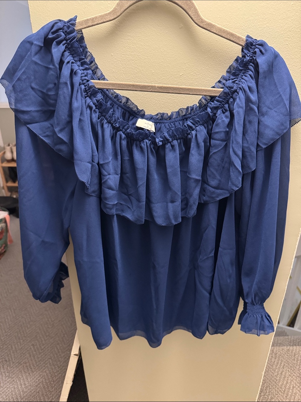 Aritzia Blue Off-Shoulder Ruffle Blouse